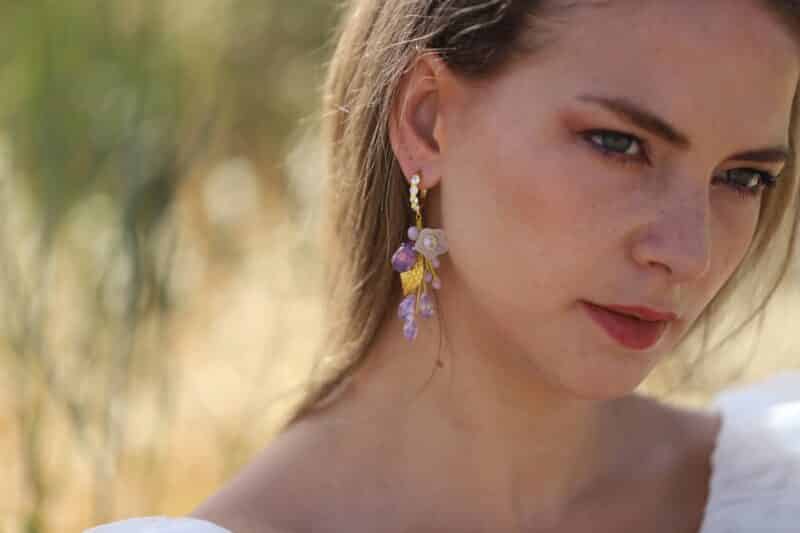 JULIANA , Violet Purple Gold Leaf Floral Flower Statement Boho Wedding Earrings - Image 6