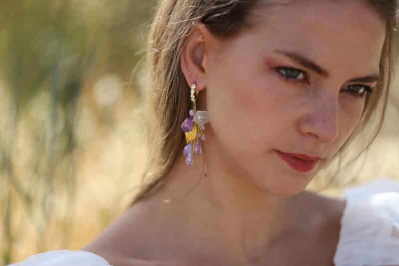 JULIANA , Violet Purple Gold Leaf Floral Flower Statement Boho Wedding Earrings - Image 7