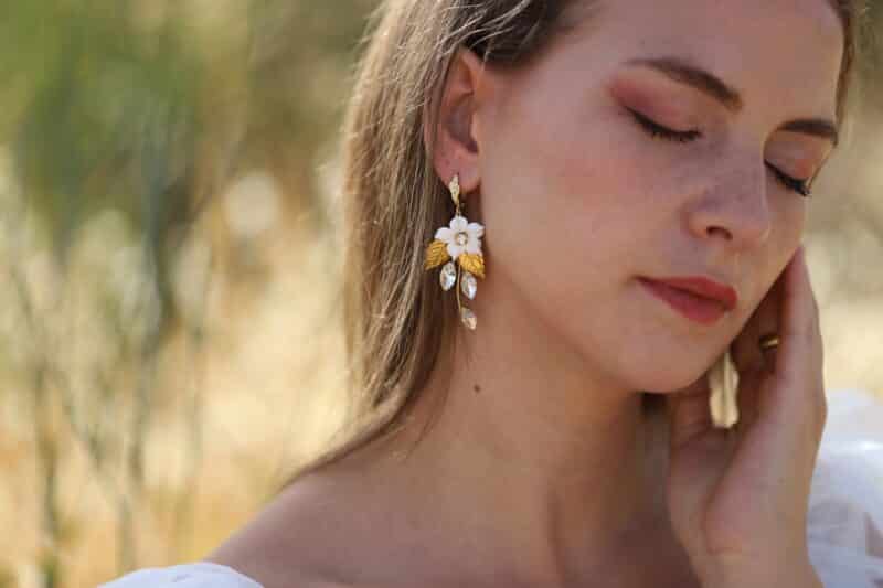 JENNA , Delicate Porcelain Flower Gold Leaf Statement Boho Wedding Earrings - Image 3