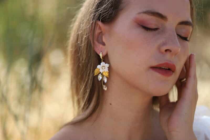 JENNA , Delicate Porcelain Flower Gold Leaf Statement Boho Wedding Earrings - Image 4