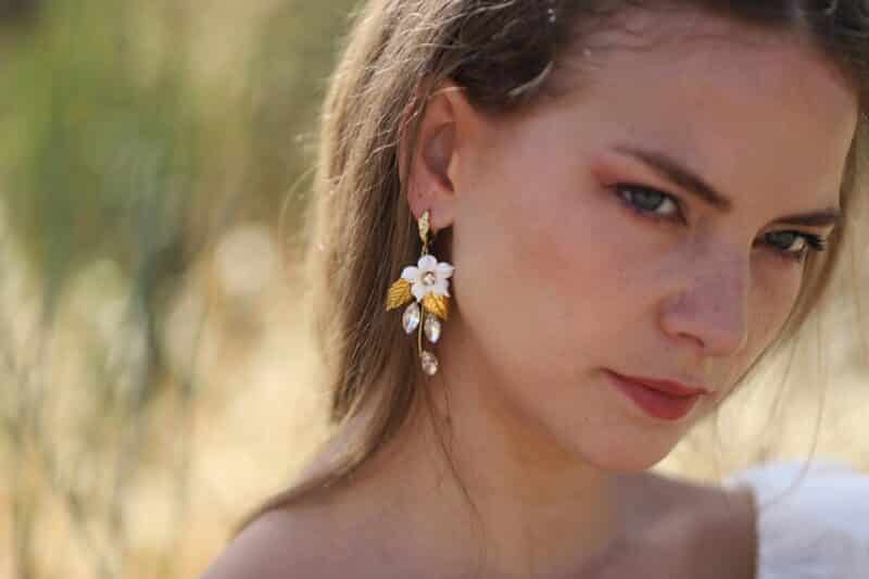 JENNA , Delicate Porcelain Flower Gold Leaf Statement Boho Wedding Earrings - Image 2