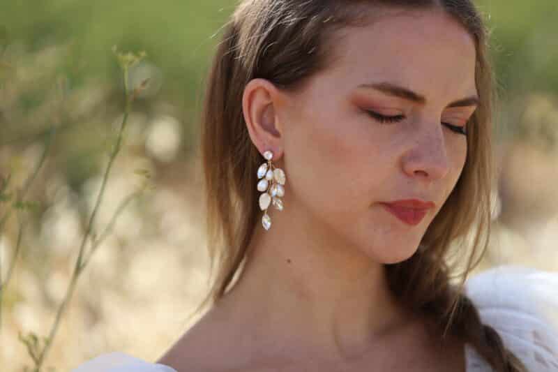 Natural Sea Shells Leaves Gold Leaf Boho Wedding Earrings For Bride - NADIA - Image 3