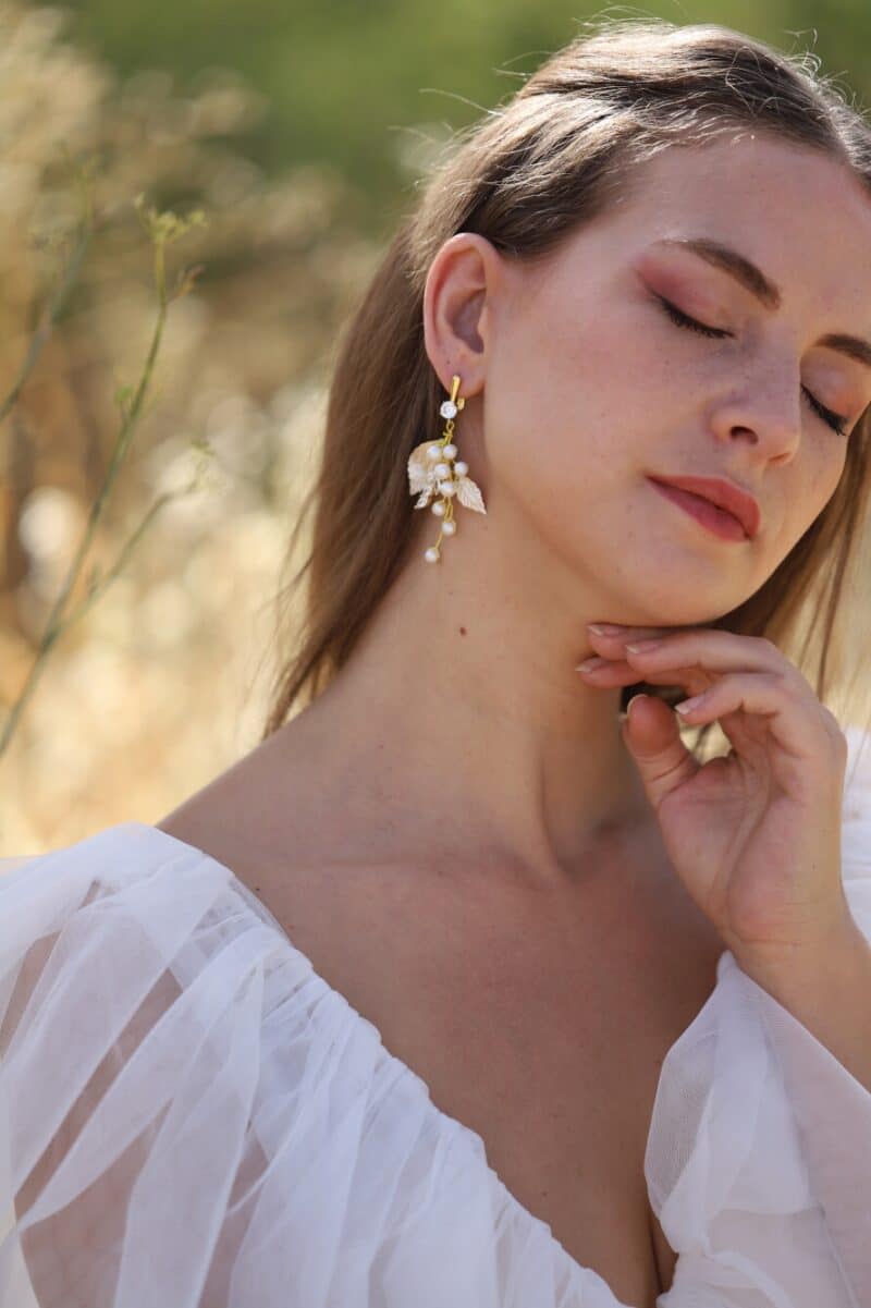 JULIA , Swarovski Crystal Gold Leaf Statement Boho Wedding Earrings - Image 6