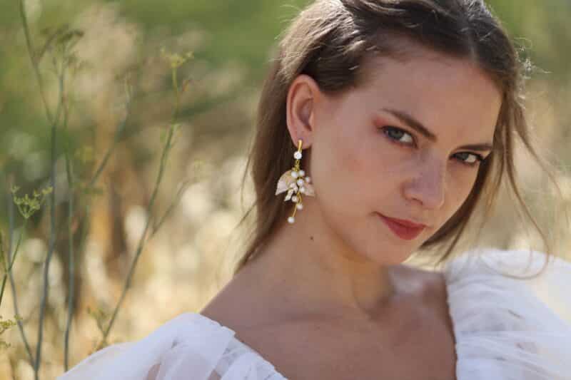 JULIA , Swarovski Crystal Gold Leaf Statement Boho Wedding Earrings - Image 4