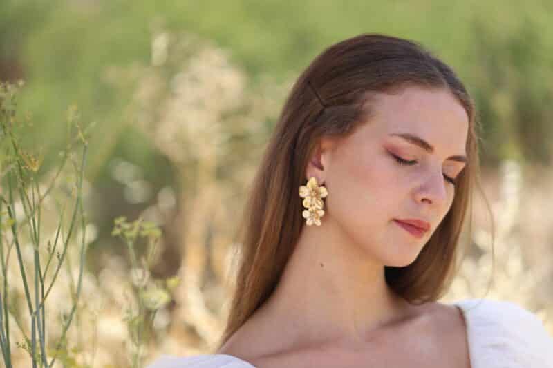 MICHELLE , Champagne Gold Flower Floral Statement Boho Wedding Earrings - Image 5