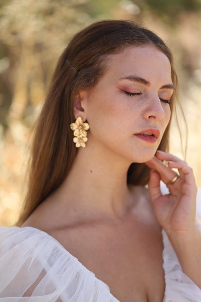 MICHELLE , Champagne Gold Flower Floral Statement Boho Wedding Earrings - Image 2