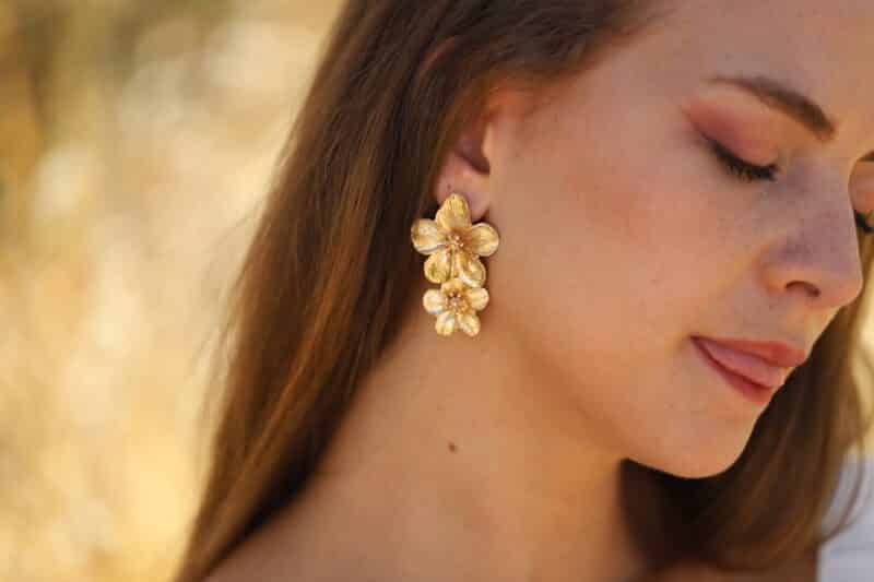 MICHELLE , Champagne Gold Flower Floral Statement Boho Wedding Earrings - Image 3