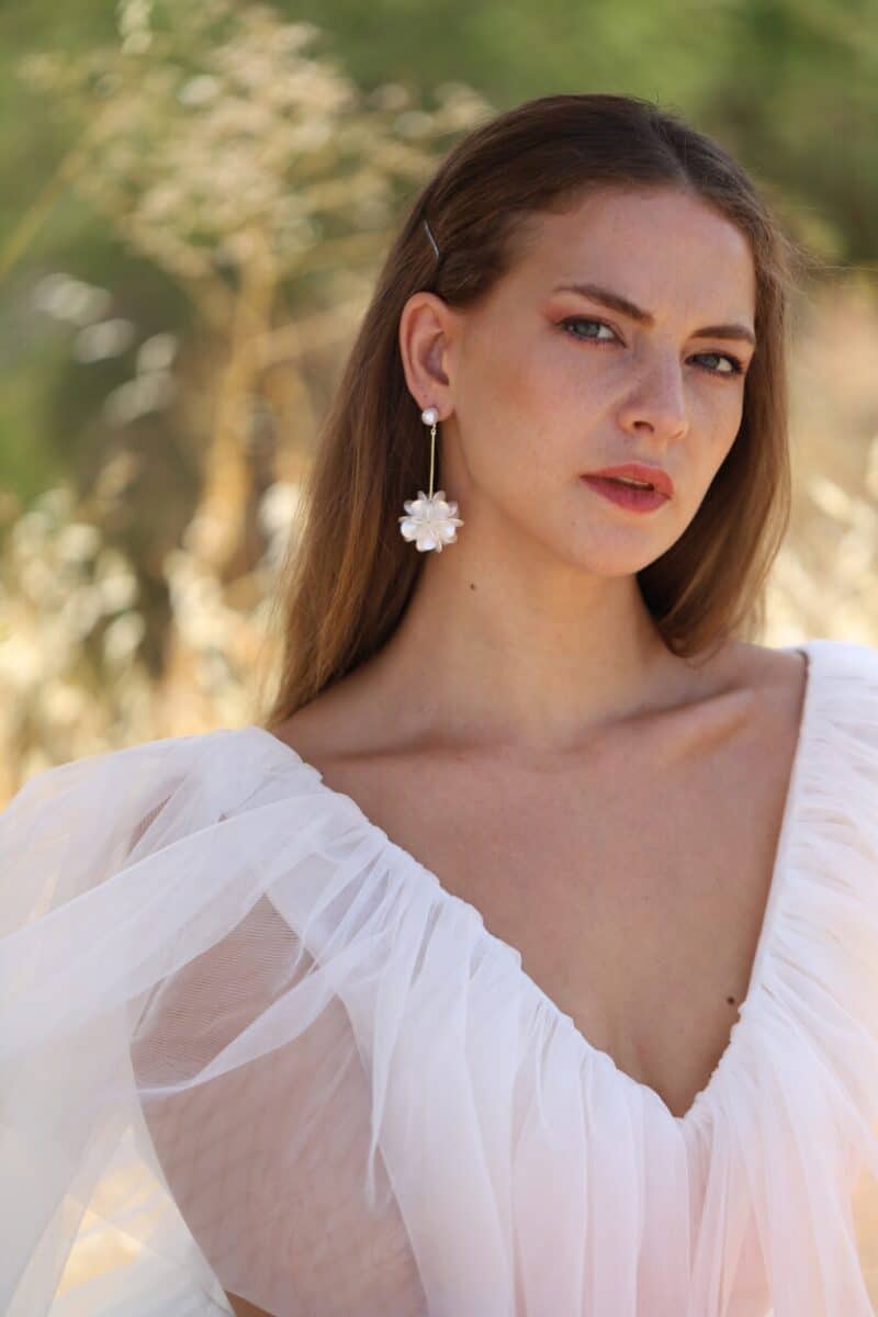 SANDRA , Long Flower Chandelier Statement Boho Wedding Earrings - Image 4