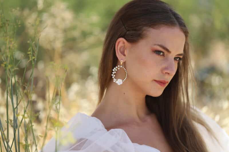 MELISSA, Polymer Clay Flower Pearl Crystal Hoop Gold Boho Wedding Earrings - Image 5