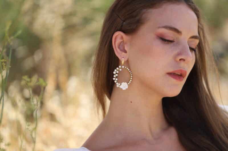 MELISSA, Polymer Clay Flower Pearl Crystal Hoop Gold Boho Wedding Earrings - Image 4