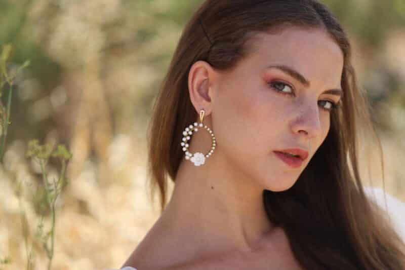 MELISSA, Polymer Clay Flower Pearl Crystal Hoop Gold Boho Wedding Earrings - Image 3