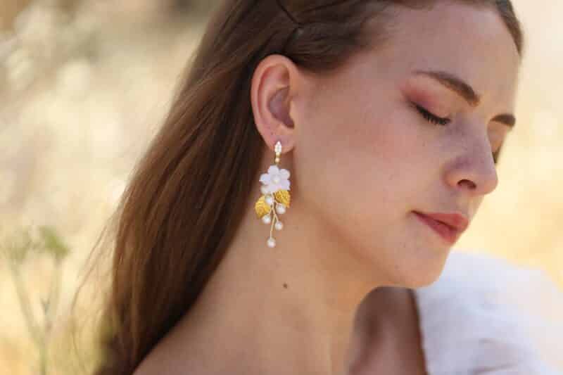 MELANIA , Delicate Polymer Clay Flower Pearl Gold Leaf Boho Bridal Earrings - Image 3