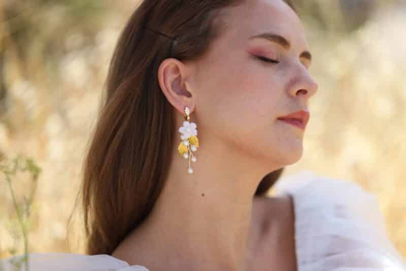 MELANIA , Delicate Polymer Clay Flower Pearl Gold Leaf Boho Bridal Earrings - Image 5