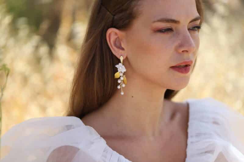 MELANIA , Delicate Polymer Clay Flower Pearl Gold Leaf Boho Bridal Earrings - Image 4