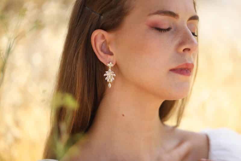 LETIZIA , Sparkle Swarovski Crystal Leaf Gold Statement Wedding Earrings - Image 3