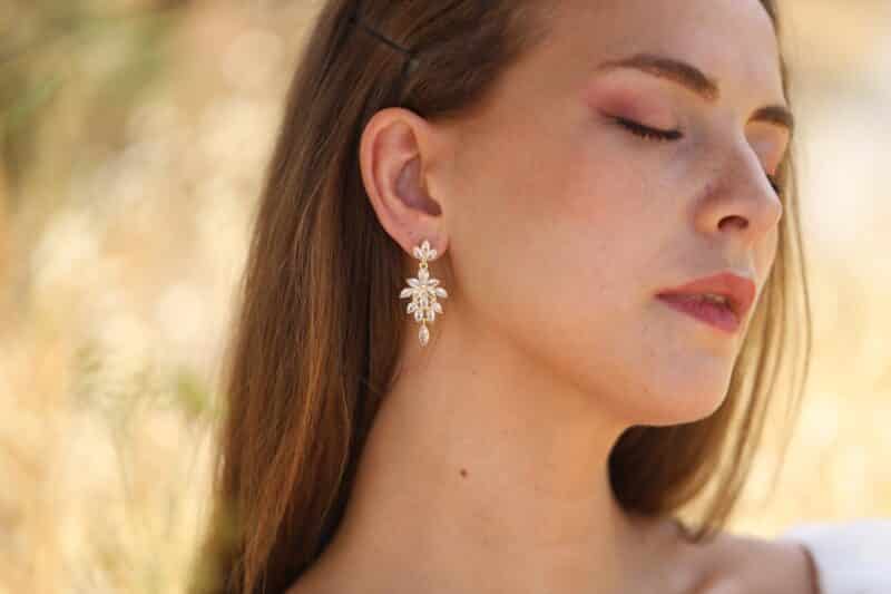 LETIZIA , Sparkle Swarovski Crystal Leaf Gold Statement Wedding Earrings - Image 4