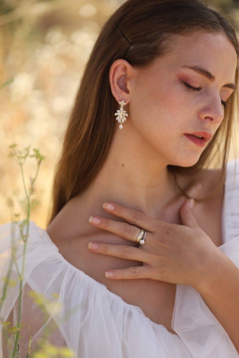 LETIZIA , Sparkle Swarovski Crystal Leaf Gold Statement Wedding Earrings - Image 5