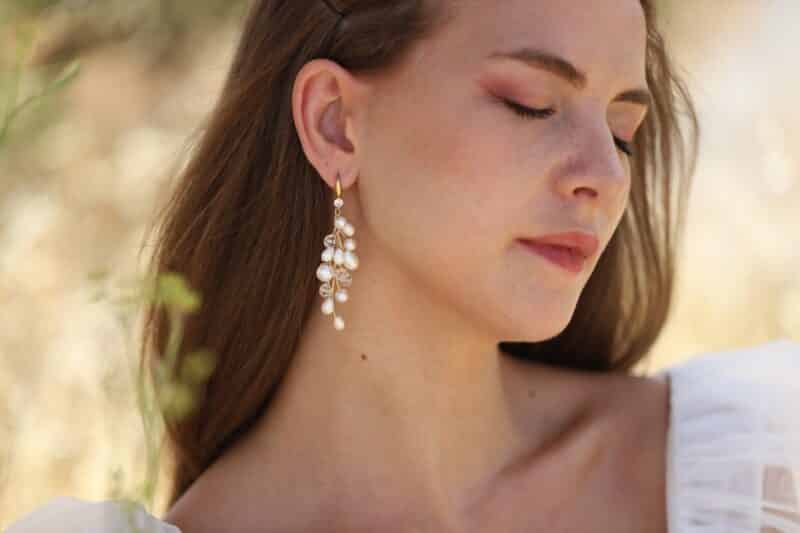 LILIANA , Drop Pearl Crystal Gold Chandelier Statement Boho Wedding Earrings - Image 4