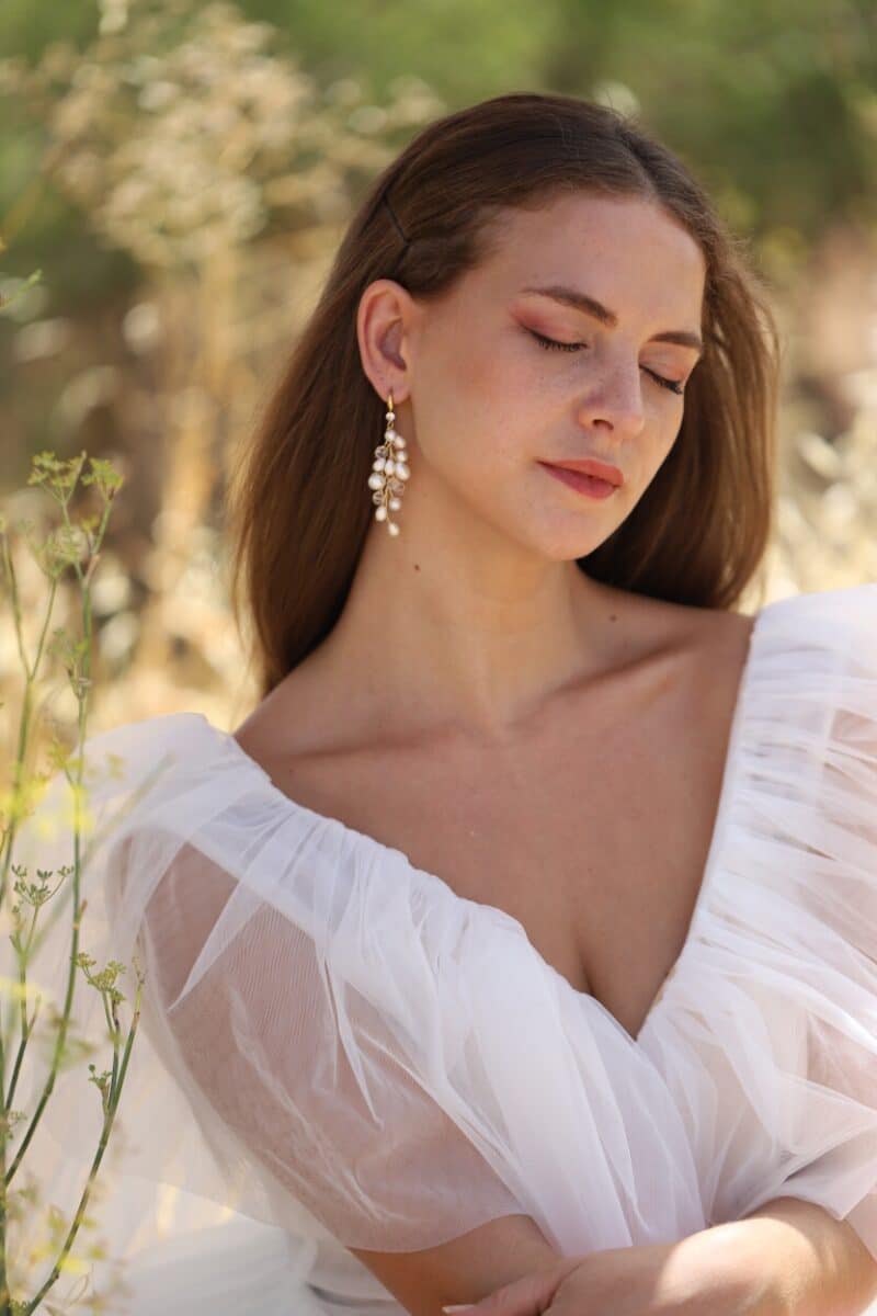 LILIANA , Drop Pearl Crystal Gold Chandelier Statement Boho Wedding Earrings - Image 3