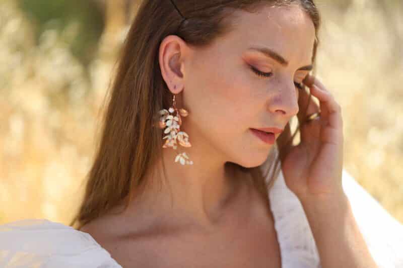 LUISA , Rose Gold Leaf Flower Statement Chandelier Boho Wedding Earrings - Image 3