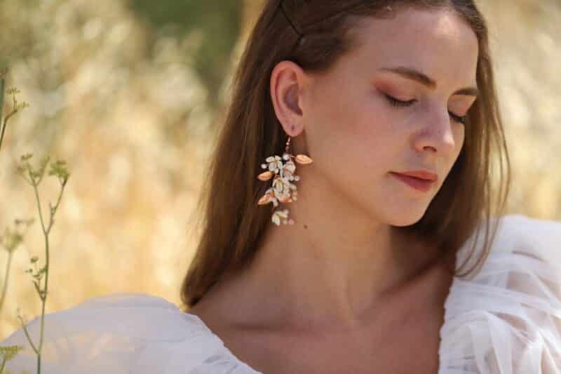 LUISA , Rose Gold Leaf Flower Statement Chandelier Boho Wedding Earrings - Image 4