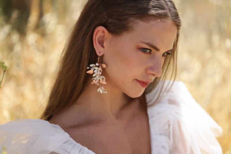 LUISA , Rose Gold Leaf Flower Statement Chandelier Boho Wedding Earrings - Image 5