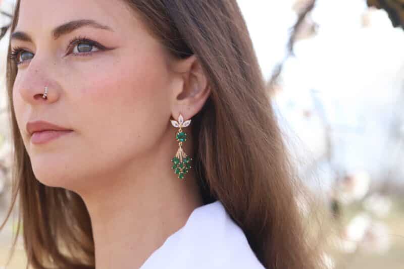 Art Deco Emerald Green Gold Wedding Earrings - AISHA - Image 2