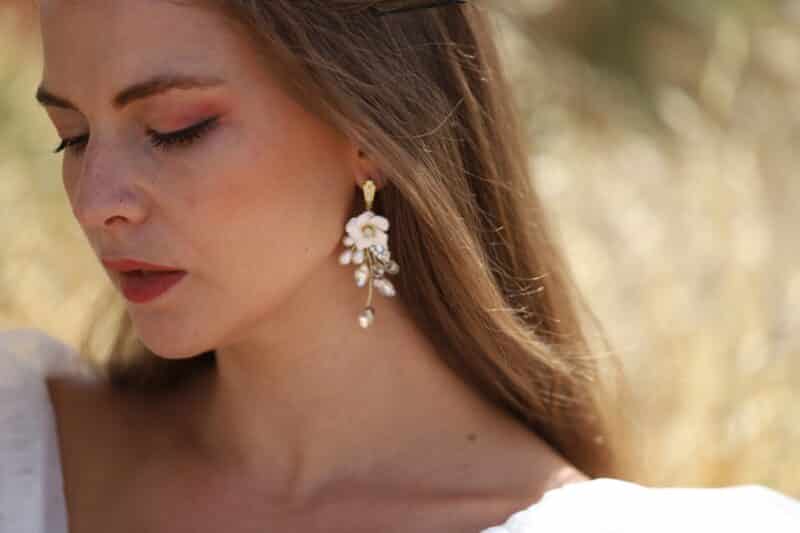 KATE , Delicate Polymer Clay Flower Drop Pearl Gold Boho Wedding Earrings - Image 4