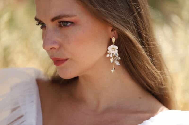 KATE , Delicate Polymer Clay Flower Drop Pearl Gold Boho Wedding Earrings - Image 5