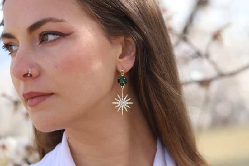 VIRGINIA , Emerald Gold Celestial Star Statement Boho Wedding Earrings - Image 2