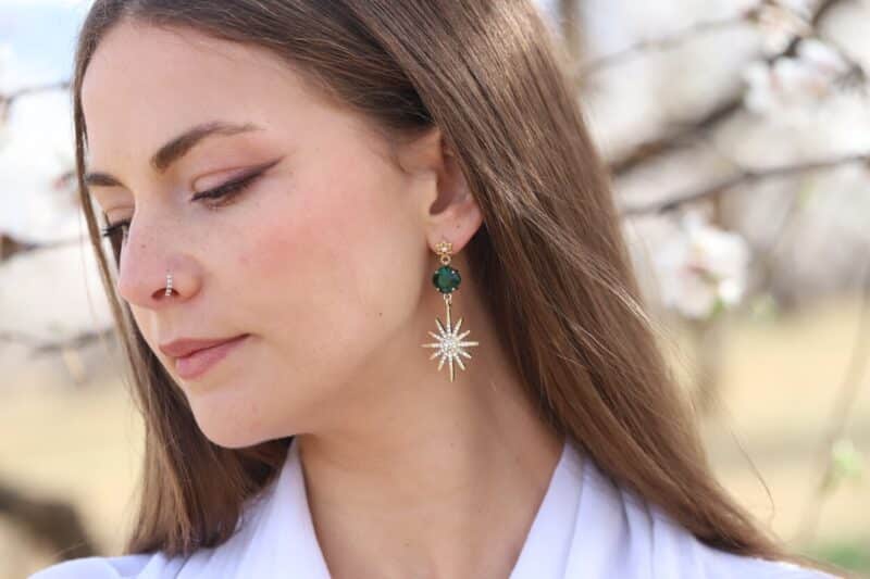 VIRGINIA , Emerald Gold Celestial Star Statement Boho Wedding Earrings - Image 3