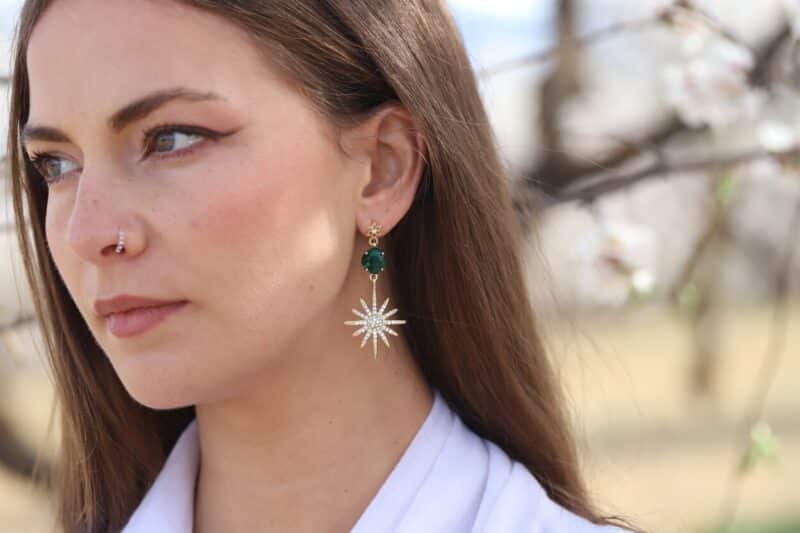 VIRGINIA , Emerald Gold Celestial Star Statement Boho Wedding Earrings - Image 4