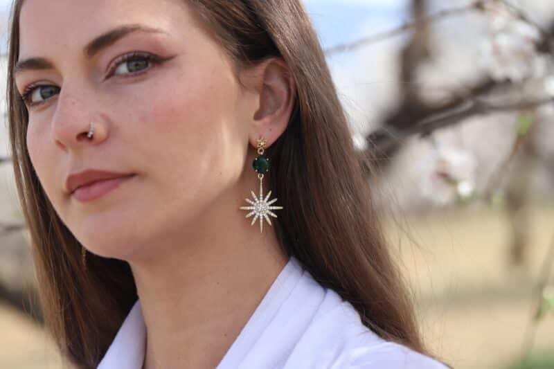 VIRGINIA , Emerald Gold Celestial Star Statement Boho Wedding Earrings - Image 5