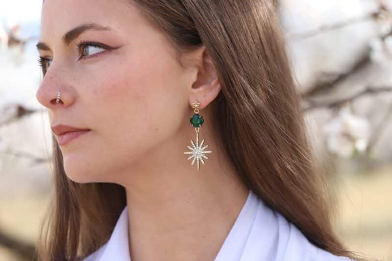 VIRGINIA , Emerald Gold Celestial Star Statement Boho Wedding Earrings - Image 6