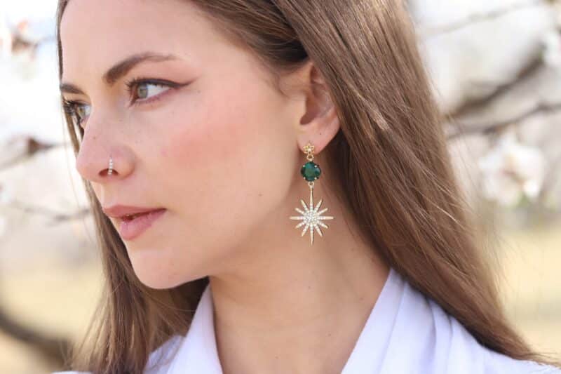 VIRGINIA , Emerald Gold Celestial Star Statement Boho Wedding Earrings - Image 8