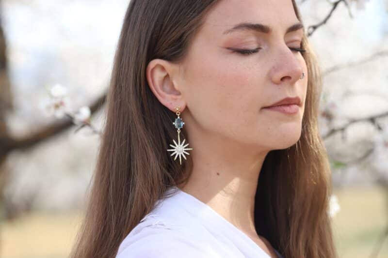 SHELBY, Light Blue Gold Star Statement Boho Wedding Earrings - Image 4