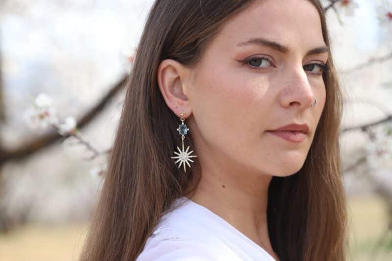 SHELBY, Light Blue Gold Star Statement Boho Wedding Earrings - Image 5