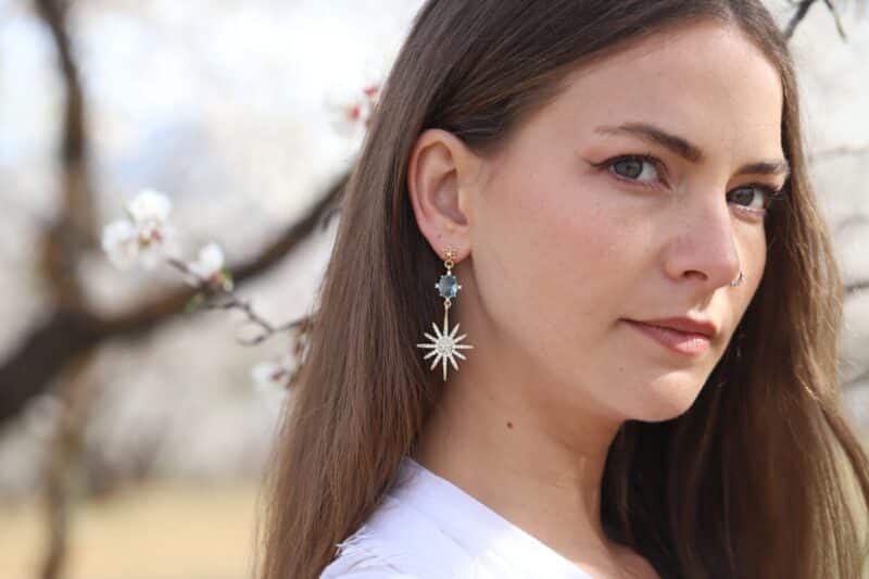 SHELBY, Light Blue Gold Star Statement Boho Wedding Earrings - Image 2