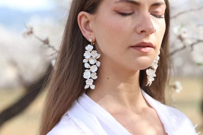 AVRIL , Delicate Porcelain Flowers Leaves Long Statement Boho Wedding Earrings - Image 4