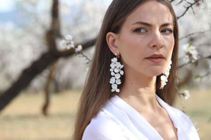 AVRIL , Delicate Porcelain Flowers Leaves Long Statement Boho Wedding Earrings - Image 6