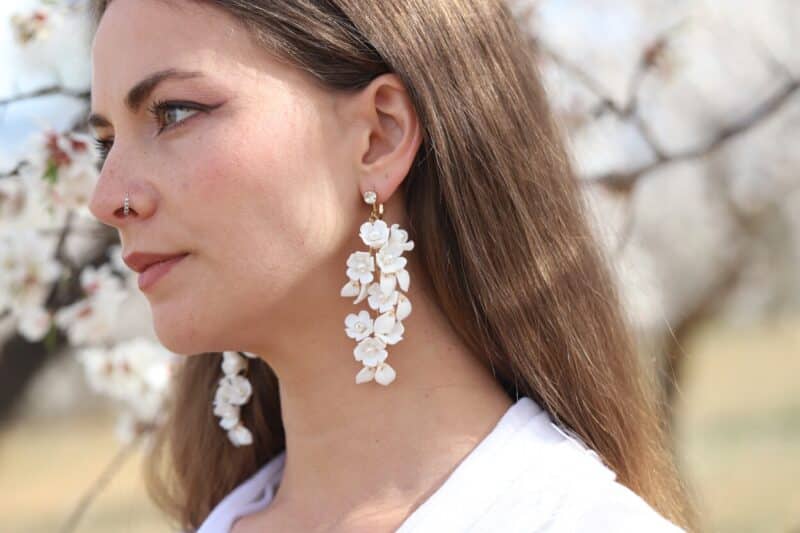 AVRIL , Delicate Porcelain Flowers Leaves Long Statement Boho Wedding Earrings - Image 7