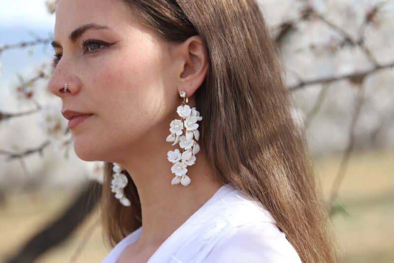 AVRIL , Delicate Porcelain Flowers Leaves Long Statement Boho Wedding Earrings - Image 2