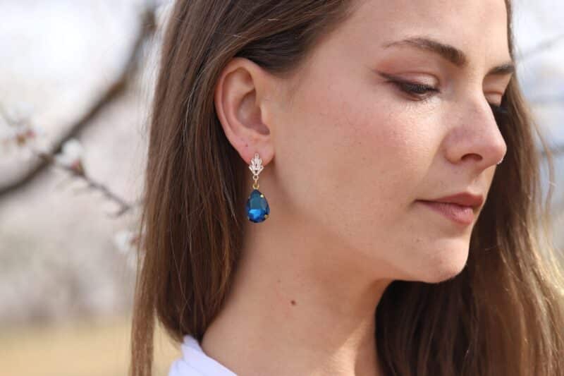 HEIDI , Blue Crystal CZ Art Deco Boho Wedding Earrings - Image 4