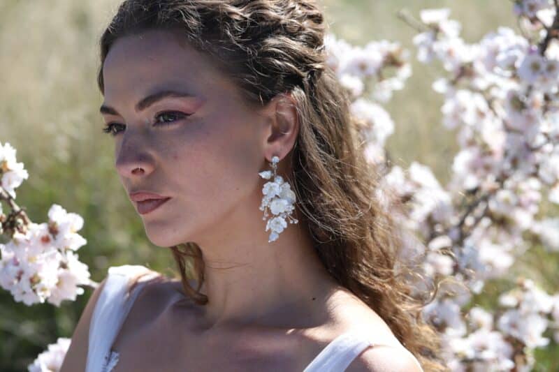 CHARLOTTE , Delicate Porcelain Flower Long Statement Wedding Earrings - Image 2