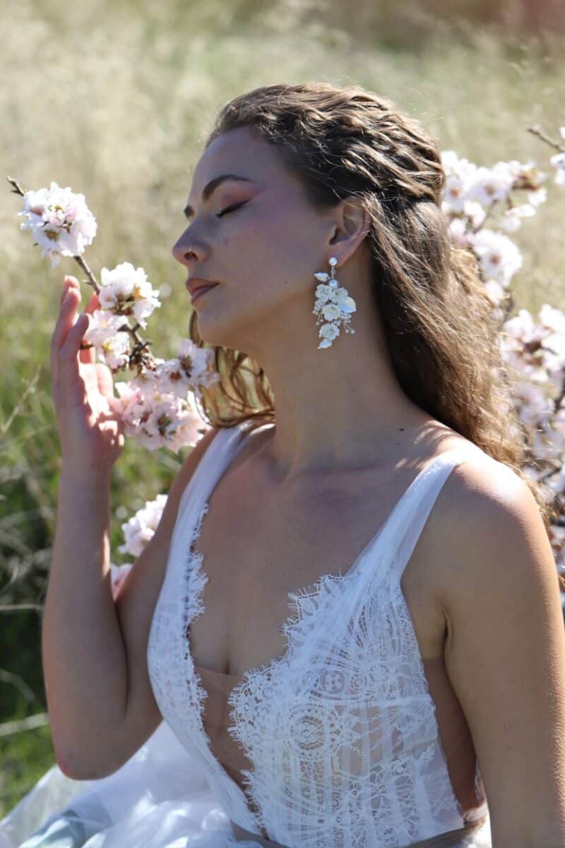 CHARLOTTE , Delicate Porcelain Flower Long Statement Wedding Earrings - Image 3