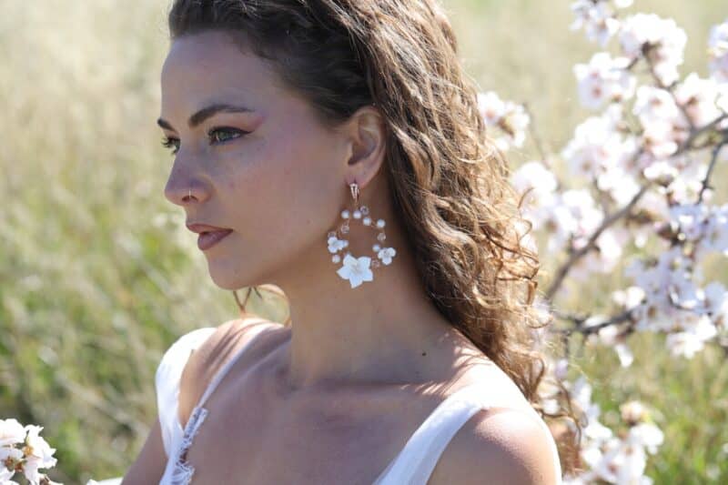 NICKI , Delicate Porcelain Flower Hoop Boho Wedding Earrings For Bride - Image 2