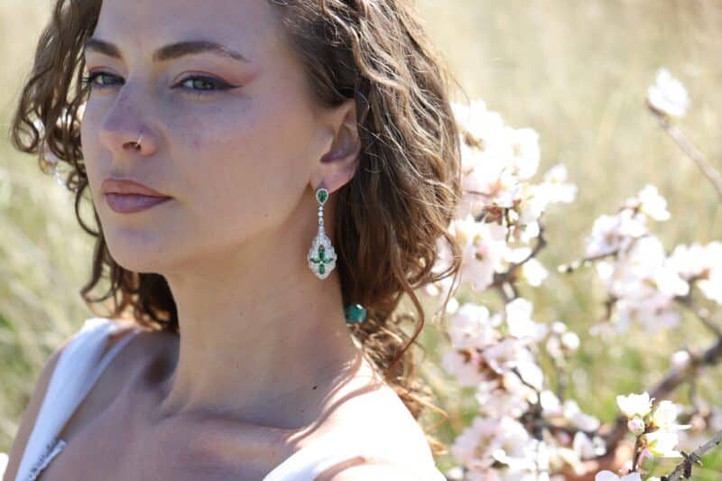 LYSA , Art Deco Silver Emerald Green Statement Wedding Earrings - Image 7