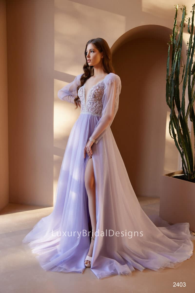 Long Sleeves Deep V Neck Nude A-Line Alternative Wedding Dress -GERDA - Image 3