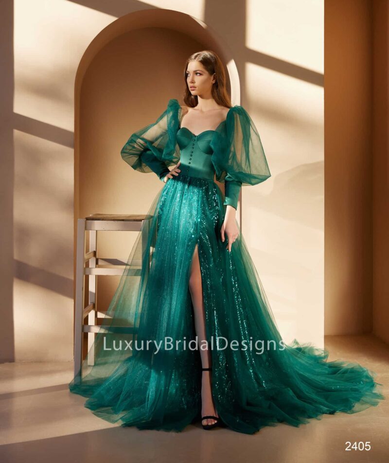 Detachable Long Puff Sleeves Emerald Evening Dress - DANIELA