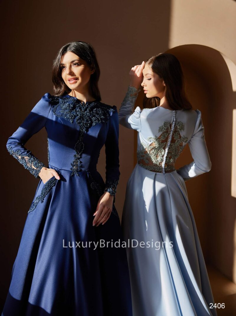 Long Sleeves Modest Blue Muslim Wedding Evening Dress - SKY